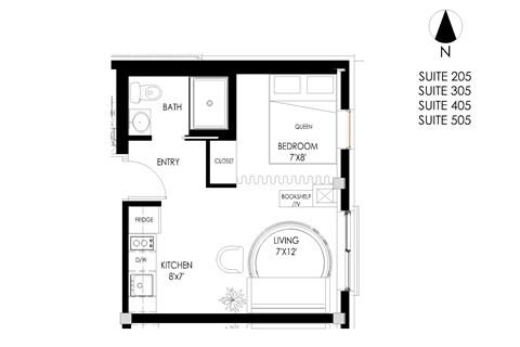 Floor plan for 1 bed, 1 bath, 338 sqft