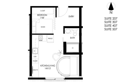 Floor plan for 1 bed, 1 bath, 338 sqft