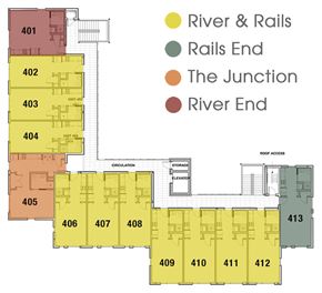 Asheville apartment for rent - A map shows the layout of a building with numbered units and designated areas for the river and rails.