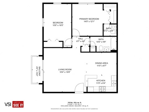 Floor plan for 2 beds, 1.5 baths, 1050 sqft