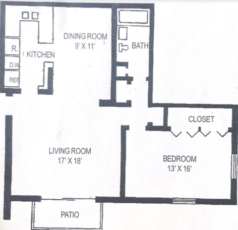Floor plan for 1 bed, 1 bath, 850 sqft