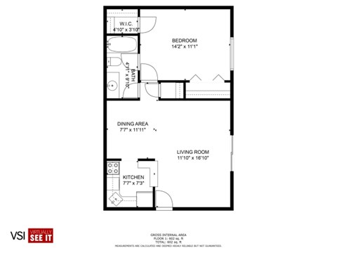 Floor plan for 1 bed, 1 bath, 850 sqft