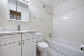 Des Plaines apartment for rent - A white bathroom with a toilet, sink, and bathtub.