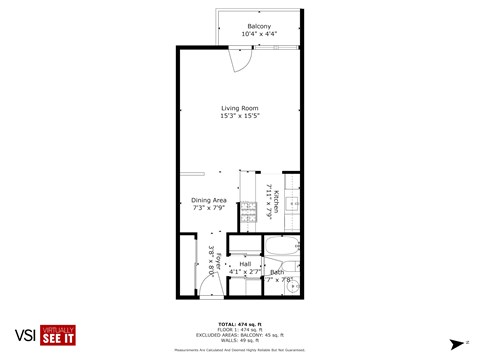 Floor plan for studio, 1 bath, 475 sqft