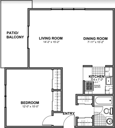 Floor plan for 1 bed, 1 bath, 670 sqft