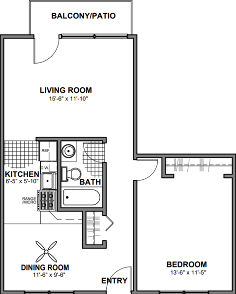Floor plan for 1 bed, 1 bath, 605 sqft