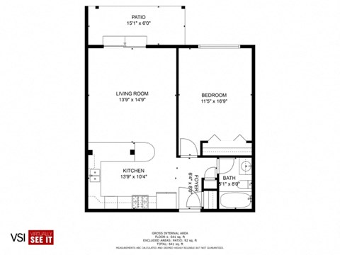 Floor plan for 1 bed, 1 bath, 750 sqft