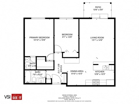 Floor plan for 2 beds, 1.5 baths, 1000 sqft
