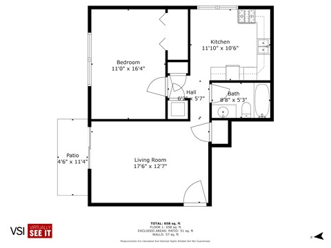 Floor plan for 1 bed, 1 bath, 700 sqft