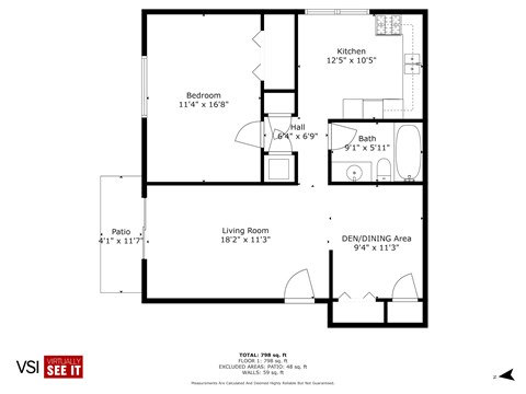 Floor plan for 1 bed, 1 bath, 800 sqft