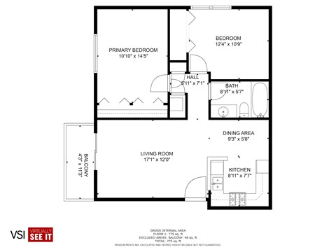 Floor plan for 2 beds, 1 bath, 800 sqft