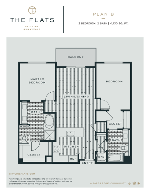 Floor plan for 2 beds, 2 baths, 1127 sqft