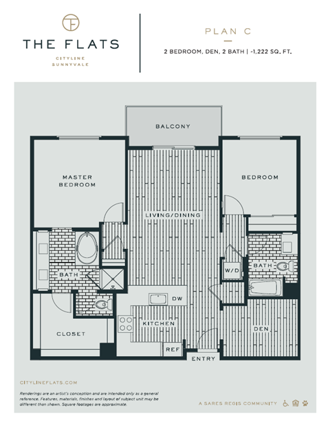 Floor plan for 2 beds, 2 baths, 1219 sqft