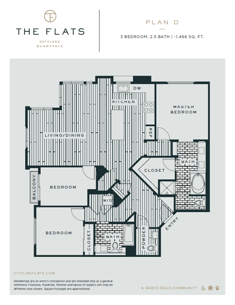 Floor plan for 3 beds, 2.5 baths, 1402 sqft