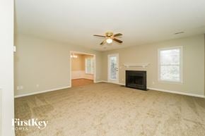 Greensboro house for rent - A spacious living room with a fireplace and a ceiling fan.