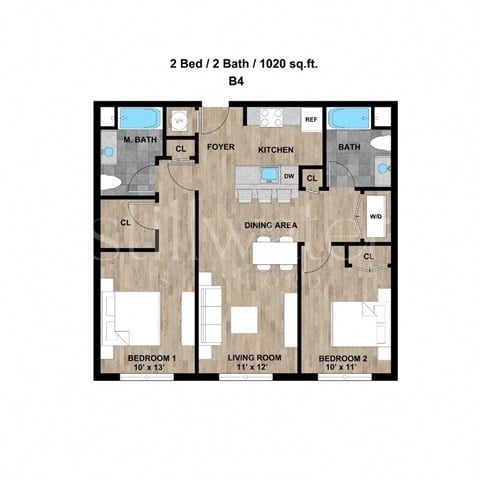 Floor plan for 2 beds, 2 baths, 990 sqft