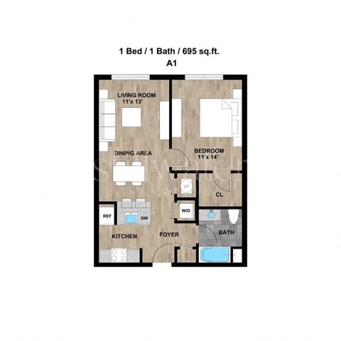 Floor plan for 1 bed, 1 bath, 767 sqft