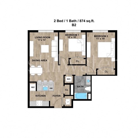 Floor plan for 2 beds, 1 bath, 880 sqft