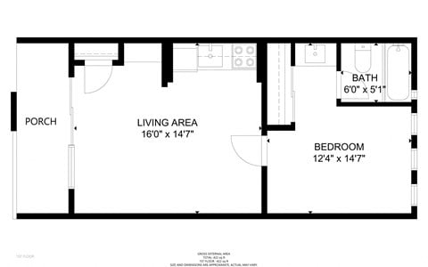 Floor plan for 1 bed, 1 bath, 445 sqft