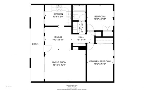 Floor plan for 2 beds, 1 bath, 815 sqft