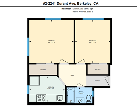 Floor plan for 2 beds, 1 bath, 571 sqft