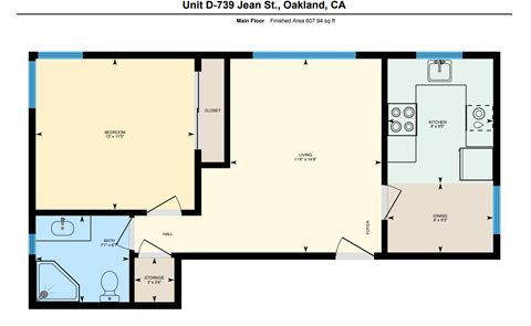 Floor plan for 1 bed, 1 bath, 608 sqft