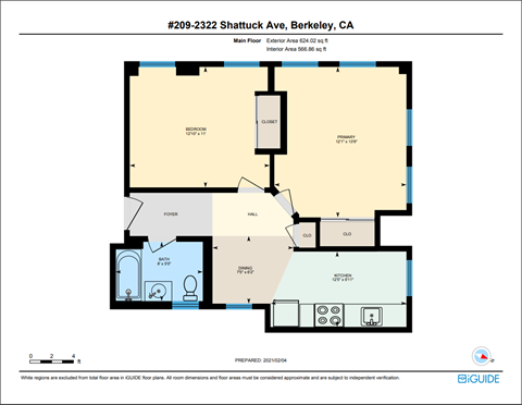 Floor plan for 2 beds, 1 bath, 642 sqft