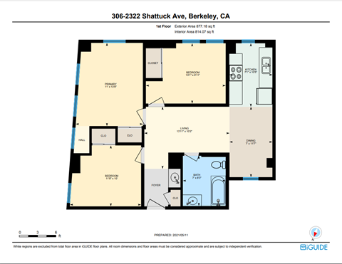 Floor plan for 3 beds, 1 bath, 880 sqft