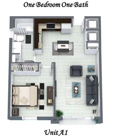 Floor plan for 1 bed, 1 bath, 714 sqft