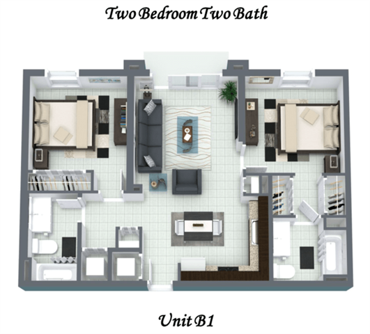 Floor plan for 2 beds, 2 baths, 917 sqft