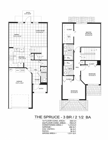 Floor plan for 3 beds, 2.5 baths, 1207 sqft