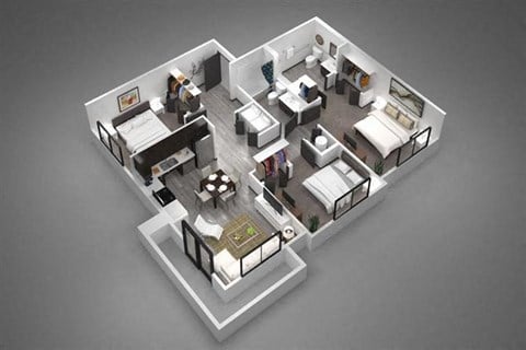 Floor plan for 3 beds, 2 baths, 1080 sqft