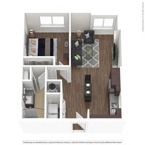 Floor plan for 1 bed, 1 bath, 651 sqft