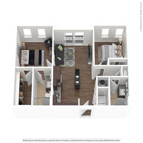Floor plan for 2 beds, 2 baths, 884 sqft