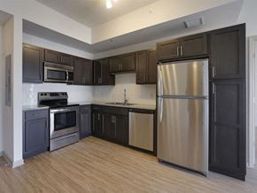 Bradenton apartment for rent - a kitchen with stainless steel appliances and black cabinets