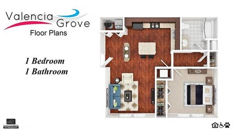 Floor plan for 1 bed, 1 bath, 673 sqft