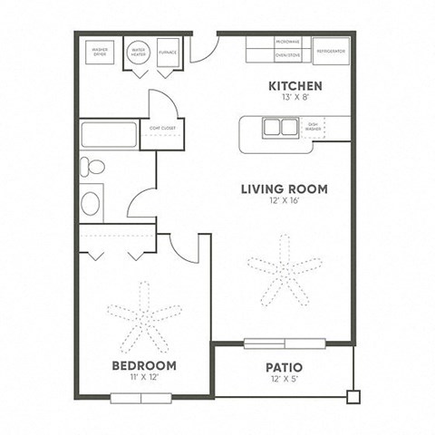 Floor plan for 1 bed, 1 bath, 684 sqft