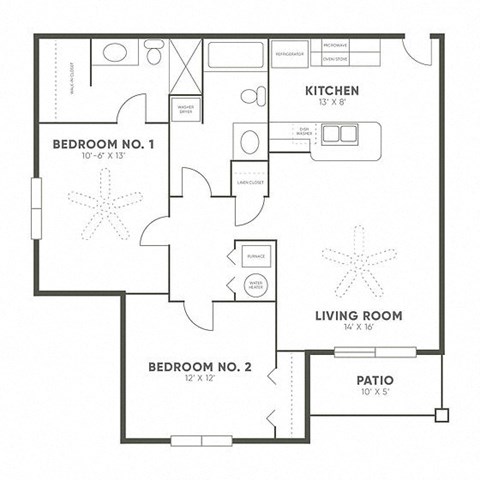 Floor plan for 2 beds, 2 baths, 949 sqft