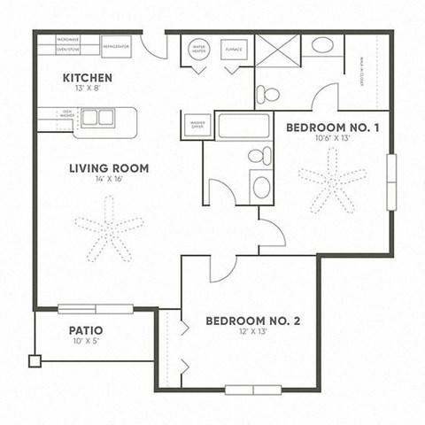 Floor plan for 2 beds, 2 baths, 945 sqft