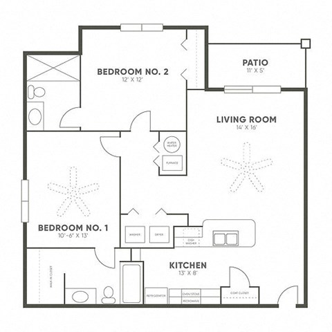 Floor plan for 2 beds, 2 baths, 1001 sqft