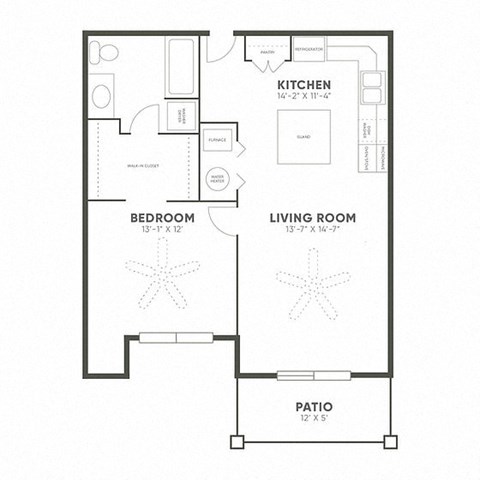 Floor plan for 1 bed, 1 bath, 730 sqft