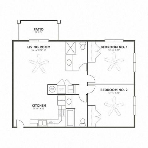 Floor plan for 2 beds, 2 baths, 1022 sqft