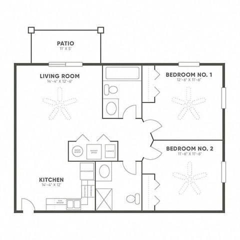 Floor plan for 2 beds, 2 baths, 933 sqft