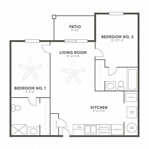 Floor plan for 2 beds, 2 baths, 875 sqft