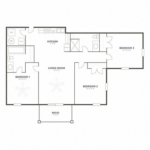 Floor plan for 3 beds, 2 baths, 1112 sqft