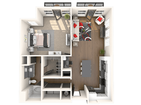 Floor plan for 1 bed, 1 bath, 915 sqft
