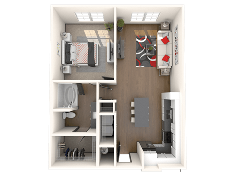 Floor plan for 1 bed, 1 bath, 743 sqft