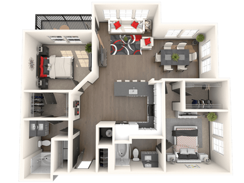 Floor plan for 2 beds, 2 baths, 1201 sqft