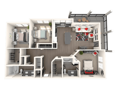 Floor plan for 3 beds, 2 baths, 1371 sqft