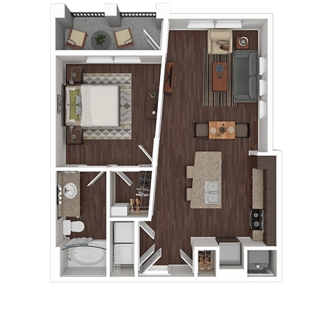 Floor plan for 1 bed, 1 bath, 661 sqft